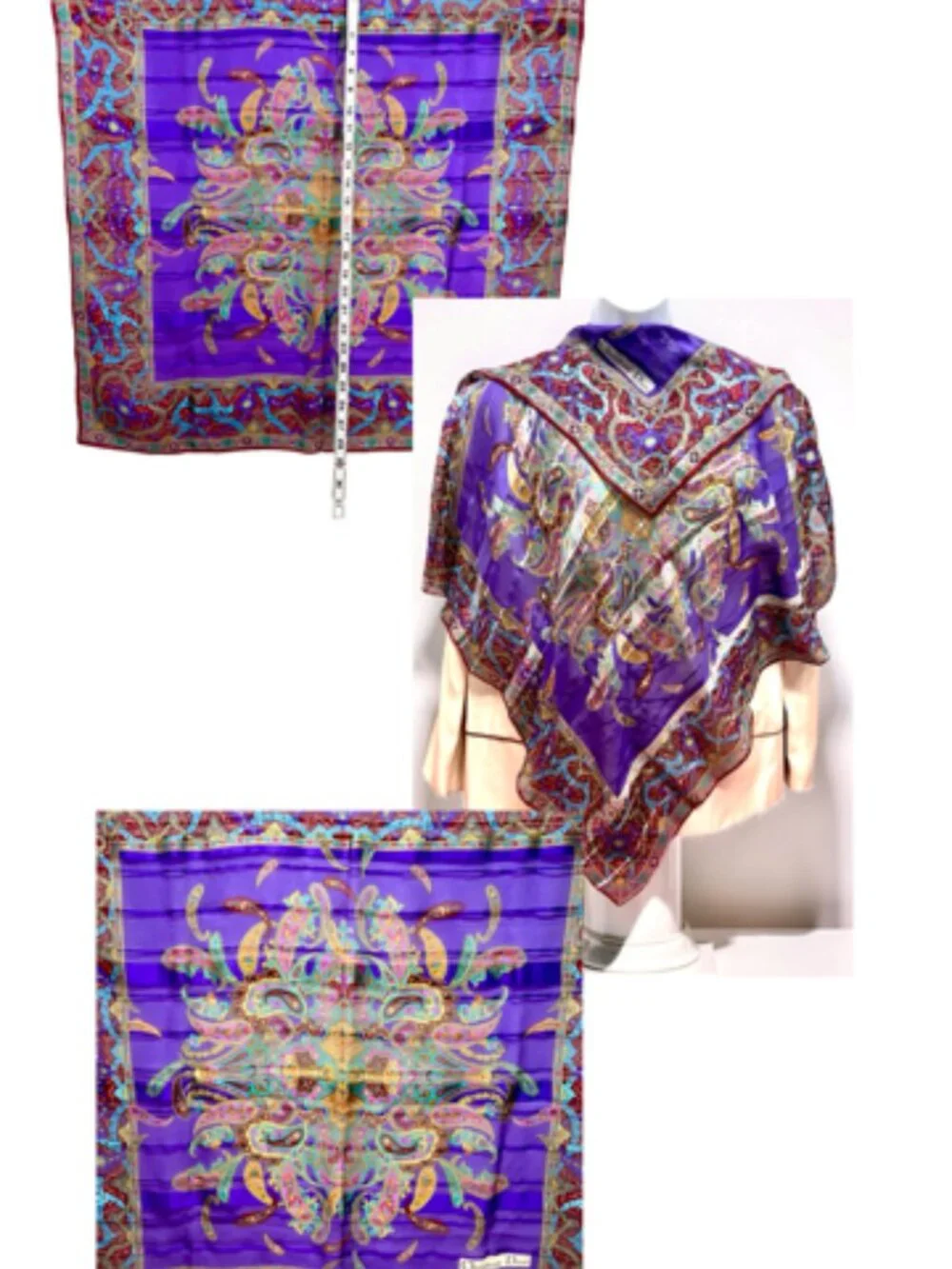 Christian Dior Soft 00% Silk Scarf Chiffon & Satin PurplePaisley Floral 31